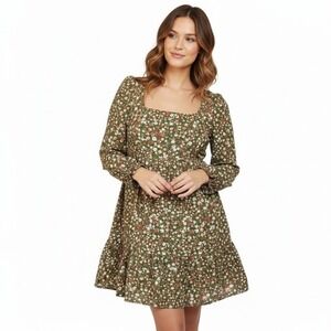 BCBG Paris Womens XXL Olive Green Ditsy Floral Square Neck Babydoll Mini Dress